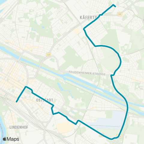 Rhein-Neckar-Verkehr GmbH MA Hauptbahnhof - Wasserturm - Fahrlach - Feudenheim - MA Käfertal Bf map