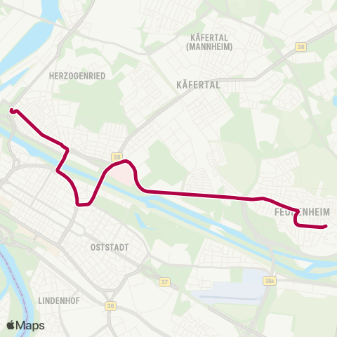 Rhein-Neckar-Verkehr GmbH MA Feudenheim - Universitätsklinikum - Wasserturm - Paradeplatz - Rheinstraße - Alte Feuerwache - MA Neckarstadt West map