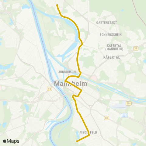 Rhein-Neckar-Verkehr GmbH MA Rheingoldhalle - Neckarau West - Lindenhof - MA Hbf - Wasserturm - Paradeplatz - Luzenberg - MA Sandhofen map