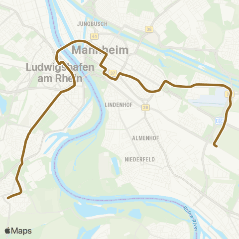 Rhein-Neckar-Verkehr GmbH MA SAP Arena S-Bahnhof - Neuostheim / Neuhermsheim - Paradeplatz - MA Rathaus - LU Rathaus - Berliner Platz - LU Rheingönheim map