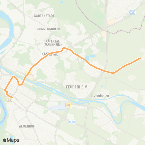 Rhein-Neckar-Verkehr GmbH (Heddesheim - ) Wallstadt Ost – MA Käfertal Bf – Universitätsklinikum – Alte Feuerwache – Paradeplatz – MA Hauptbahnhof map