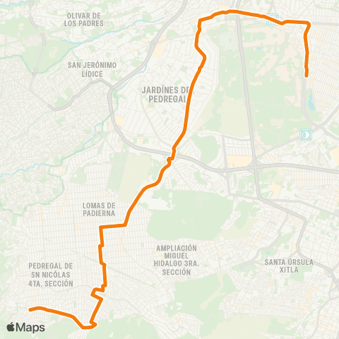 RTP Bosques del Pedregal - Metro Universidad por López Portillo map