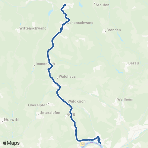 RVF St. Blasien Busbahnhof ↔︎ Waldshut Busbahnhof map