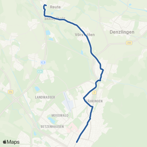 RVF Unterreute Friedhof ↔︎ Freiburg Hbf map