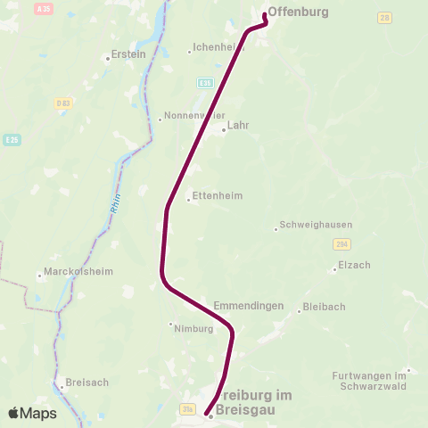 RVF Freiburg Hbf ↔︎ Offenburg map