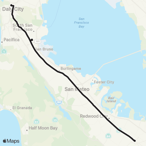 SamTrans Daly City BART - Palo Alto Transit Ctr map
