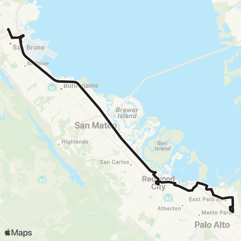 SamTrans E Palo Alto - San Bruno BART and San Francisco map