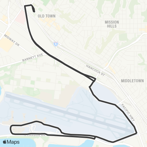 MTS Old Town to Airport Shuttle map