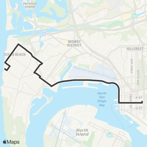 MTS Downtown to Point Loma map