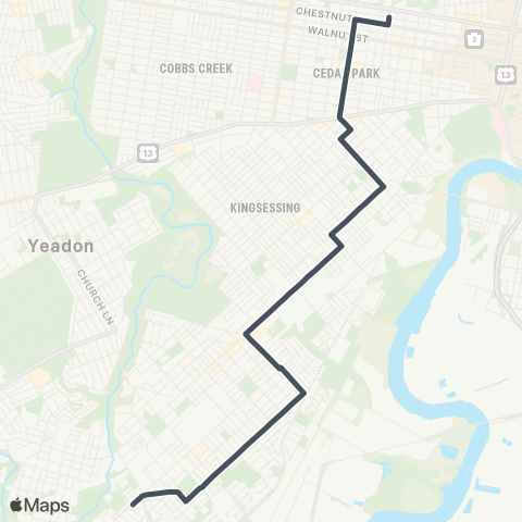 SEPTA 74th-Elmwood to 46th-Ludlow map