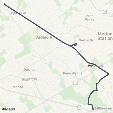SEPTA Rosemont to 69th St Transit Center map