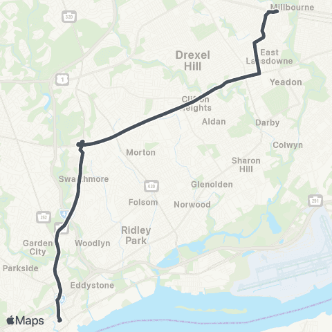 SEPTA Chester Transit Ctr to 69th St TC map