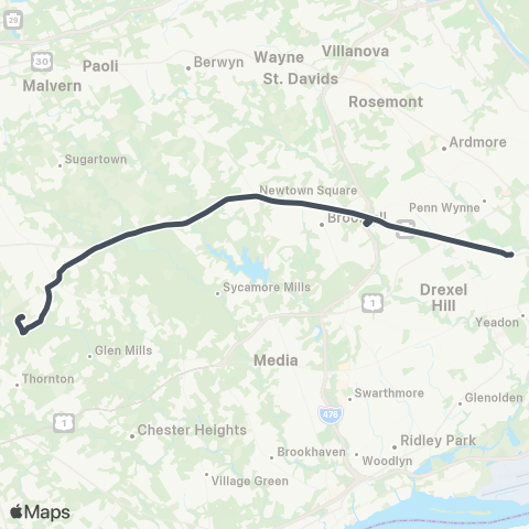 SEPTA Cheyney U to 69th St Transit Center map