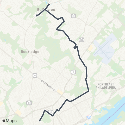 SEPTA Bethayres / Frankford-Gregg to FTC map