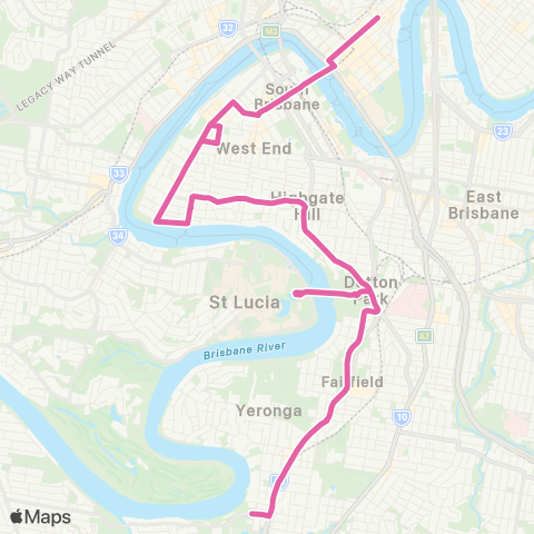 TransLink Yeronga - City via UQ Lakes and Highgate Hill map