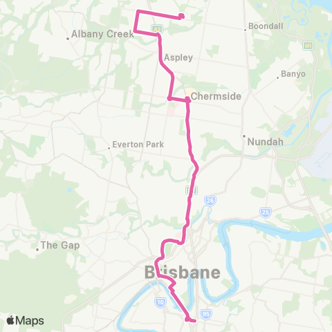 TransLink Carseldine - Woolloongabba Exp via City map