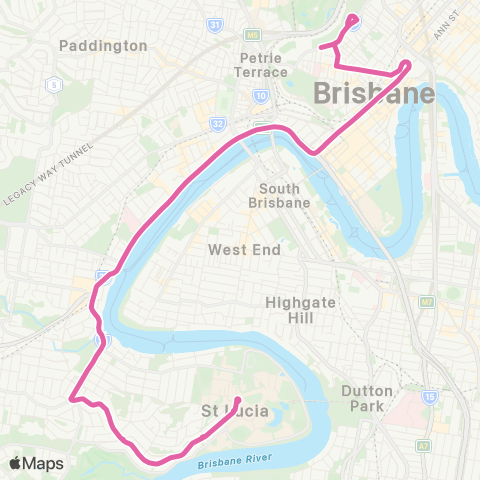 TransLink University of Qld - City via Hawken Dr map