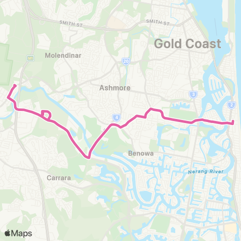 TransLink Surfers Paradise - Nerang via Ashmore map