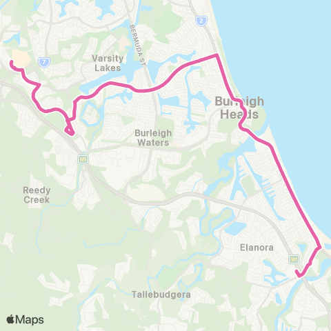 TransLink The Pines - Robina via Burleigh Heads map