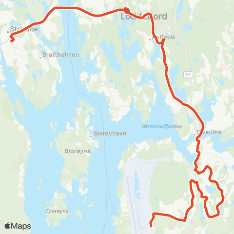 Skyss Storavatnet-Dolvik-Sandslimarka-Birkelandskrysset map