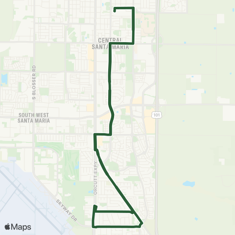 Santa Maria Regional Transit Rt 5. TC to Gov't Cntr to Evergreen Shopping Ctr via Miller St., S.M. Way map