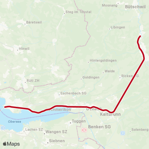 Schweizerische Südostbahn Lichtensteig - Rapperswil SG map