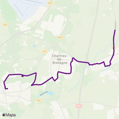 STAR - Lignes scolaires Noyal-Châtillon-s/-Seiche (Croix Fleurie) - Chartres-de-Bretagne - Bruz (Aire du 8 Mai) map