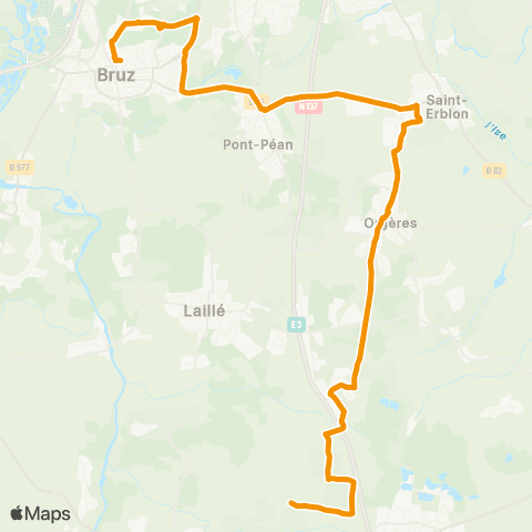 STAR - Lignes scolaires Bruz (Aire du 8 Mai) - St-Erblon - Orgères - Laillé (Bossardière) map