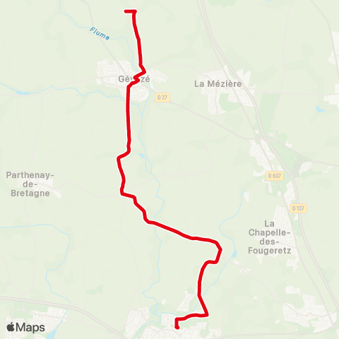 STAR - Lignes scolaires Gévezé (Huchetais) - Pacé (Ctre scolaire Pacé) map