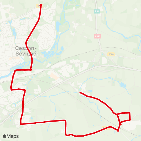 STAR - Lignes scolaires Cesson-Sévigné (Lycée Ozanam) - Cesson-Sévigné (Prieuré Forge) map