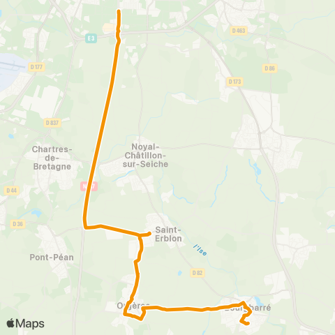 STAR Rennes (Henri Fréville) - Orgères - Bourgbarré (Ctre de Loisirs) map