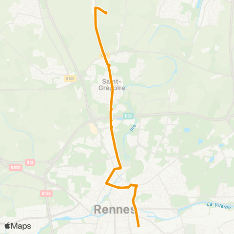 STAR St-Grégoire (MFR Rabinardières) - Rennes (Gares) map