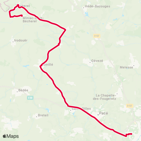 STAR Rennes (Villejean-Uni) - Romillé - Langan - La Chapelle-Chaussée - Bécherel - Miniac-sous-Bécherel (Miniac Eglise) map