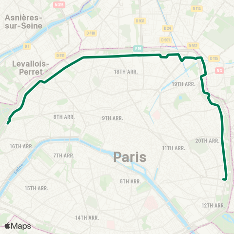 Île-de-France Mobilités Porte d'Asnières <>︎ Porte de Vincennes map