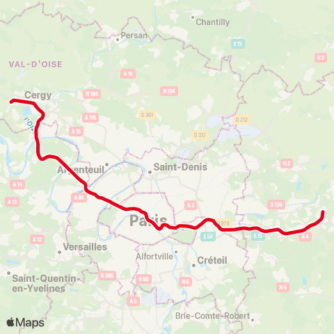 RATP/SNCF St-Germain-en-Laye • Poissy • Cergy <>︎ Boissy-St-Léger • Marne-la-Vallée map