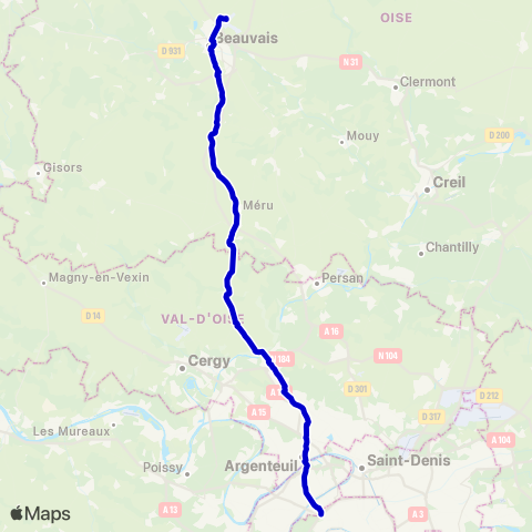 Île-de-France Mobilités Aéroport Paris Beauvais <> Paris Pte Maillot map