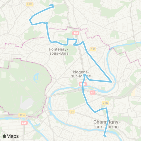 Île-de-France Mobilités Champigny / St-Maur RER <> Montreuil-Boissière-Acacia map