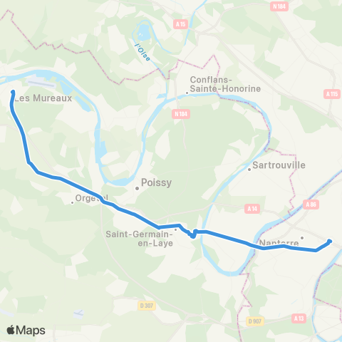 Île-de-France Mobilités La Défense / Terminal Jules Verne <> Gare des Mureaux (D2) map