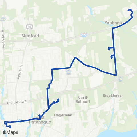 Suffolk County Transit Patchogue RR to East Yaphank map
