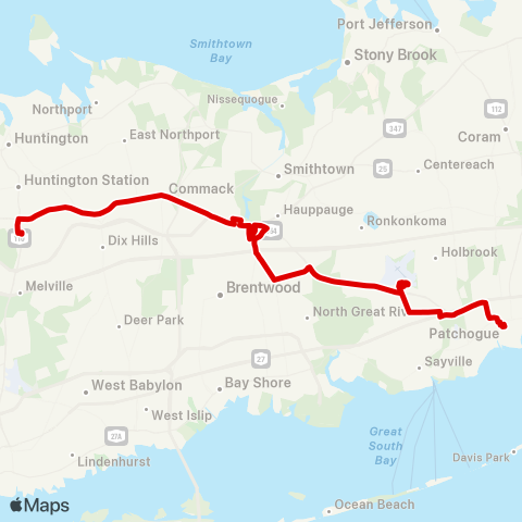 Suffolk County Transit Walt Whitman Shops to Patchogue RR map