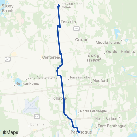 Suffolk County Transit Patchogue RR to Port Jefferson Station map