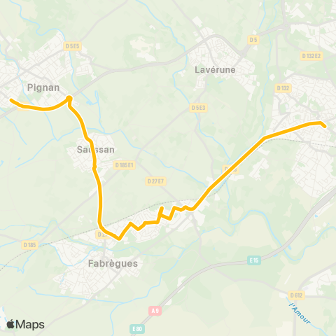 TaM St-Jean de Védas Ctre - Saussan - Pignan La Bornière map