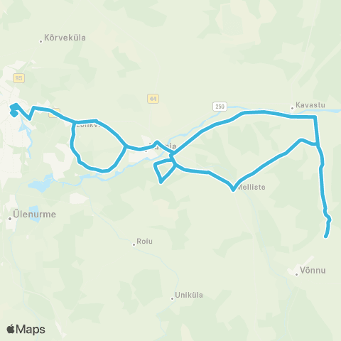 HANSABUSS AS Tartu - Võõpste - (Tornimäe) - Võõpste - Tartu map