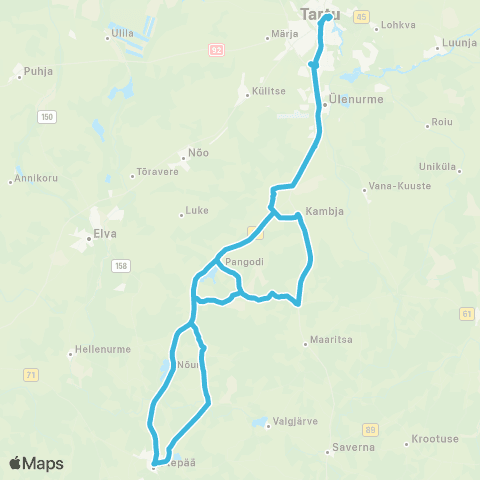 HANSABUSS AS Tartu - Aarike - Lutike - Otepää - Kambja - Tartu map
