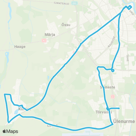 HANSABUSS AS Tartu - Külitse Järve - Tõrvandi - Tartu map