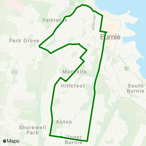 Metro Tasmania Acton / Montello to Burnie map