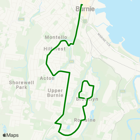 Metro Tasmania Brooklyn to Burnie map