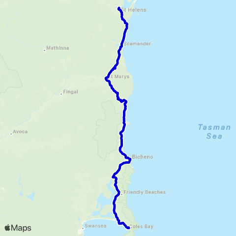 Calow's Coaches Coles Bay to St Helens map