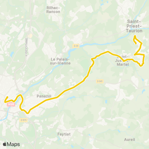 TCL Limoges Ciel <> St Just le Martel Grateloube map