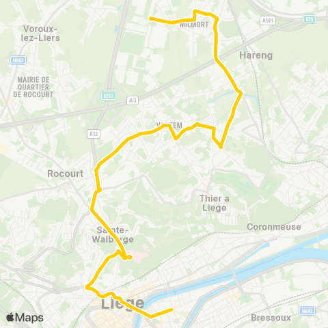 TEC Liège - Verviers Bavière - St-Lambert - Citadelle - Vottem - Milmort map